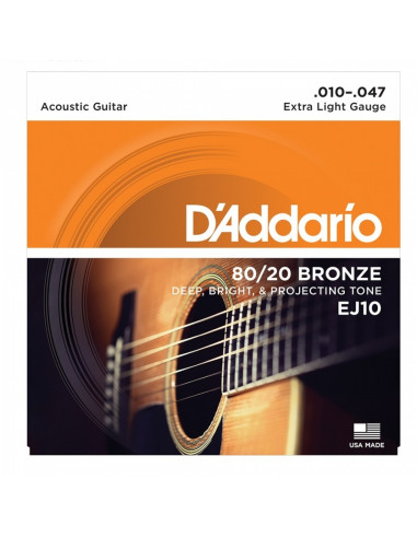 D'addario - EJ10 80/20 Bronze Acoustic Guitar Strings, Extra Light, 10-47