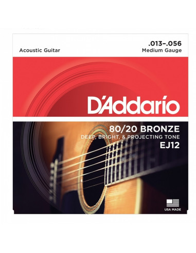 D'addario - EJ12 80/20 Bronze Acoustic Guitar Strings, Medium, 13-56