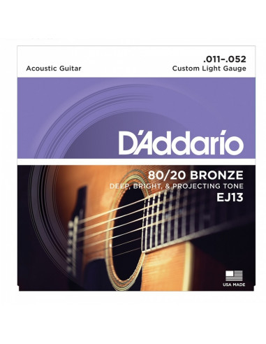 D'addario - EJ13 80/20 Bronze Acoustic Guitar Strings, Custom Light, 11-52