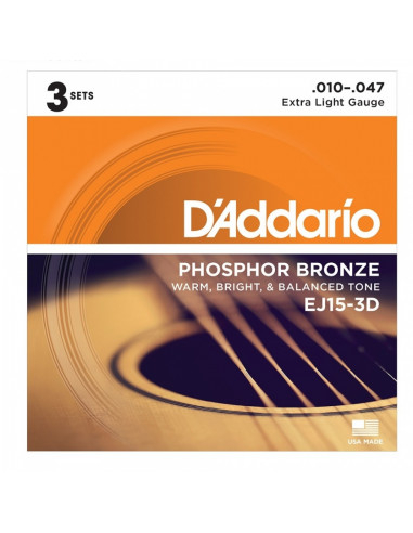 D'addario - EJ15 Phosphor Bronze, Extra Light, 10-47  - Pack 3