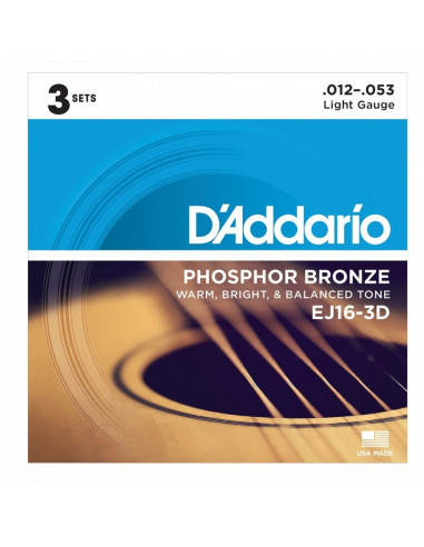 D'addario - EJ16 Phosphor Bronze, Light, 12-53  - Pack 3