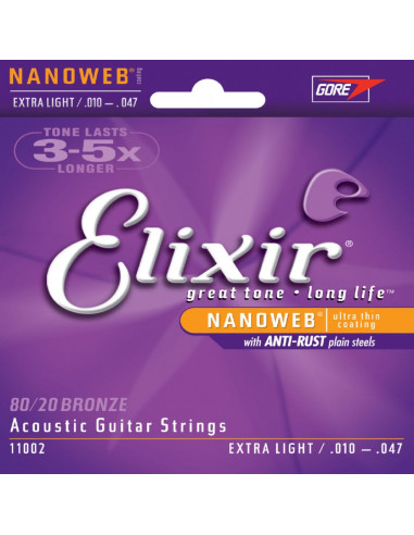 Elixir - Acoustic Guitar Strings Nanoweb Extra Light 80/20 Bronze .010 .014 .023 .030 .039 .047