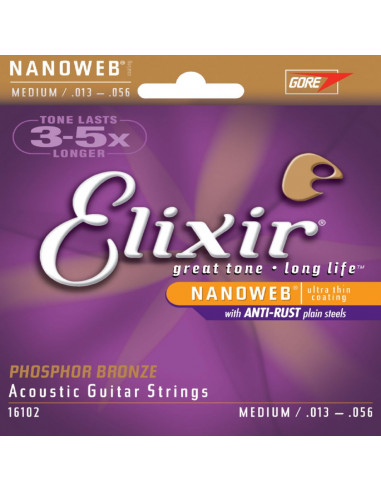 Elixir - Acoustic Guitar Strings Nanoweb Medium Phosphor Bronze .013 .017 .026 .035 .045 .056