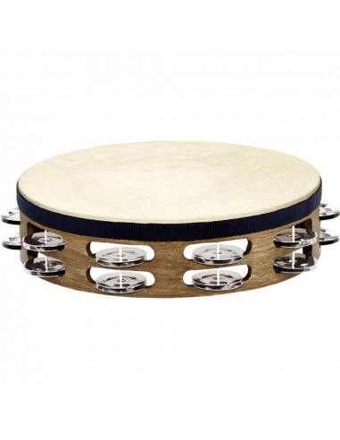 TAH2WB - Traditional Goat Skins Wood Tambourine - Stainless Steel Jingles - 2rows - Stainless Steel - 10"