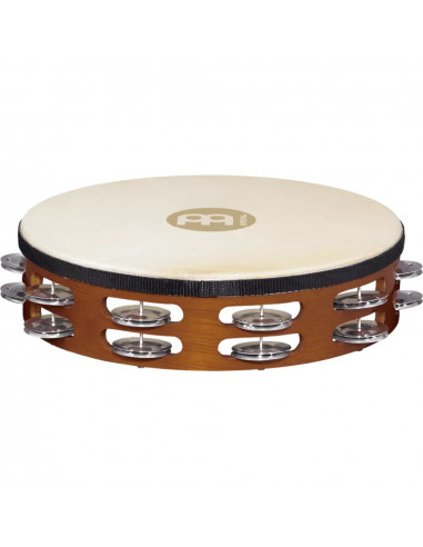 TAH2A-AB - Traditional Goat Skins Wood Tambourine - Aluminum Jingles - 2 Rows - Aluminum10"